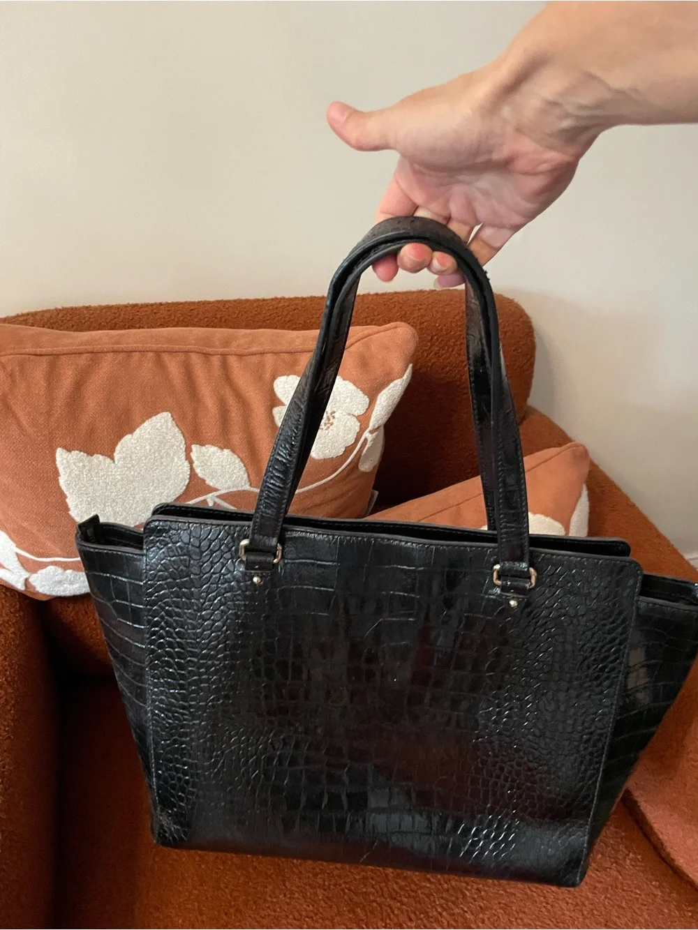 Y2K Kate Spade New York black croc work bag footed zipper top